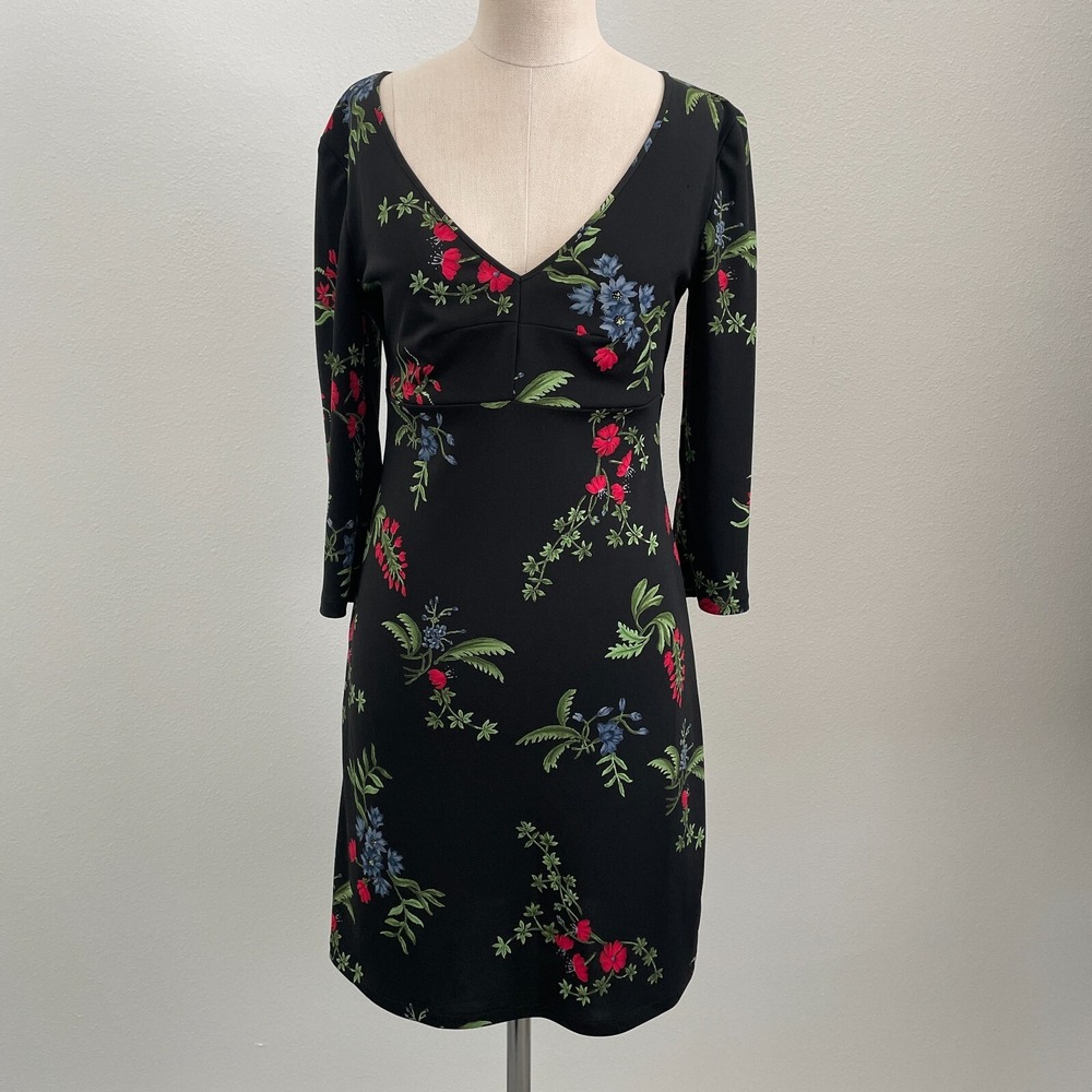 Vintage 90s Y2K BCBG Dress Women S‎ Black Mini Floral V Neck 3/4 Sleeve Shift